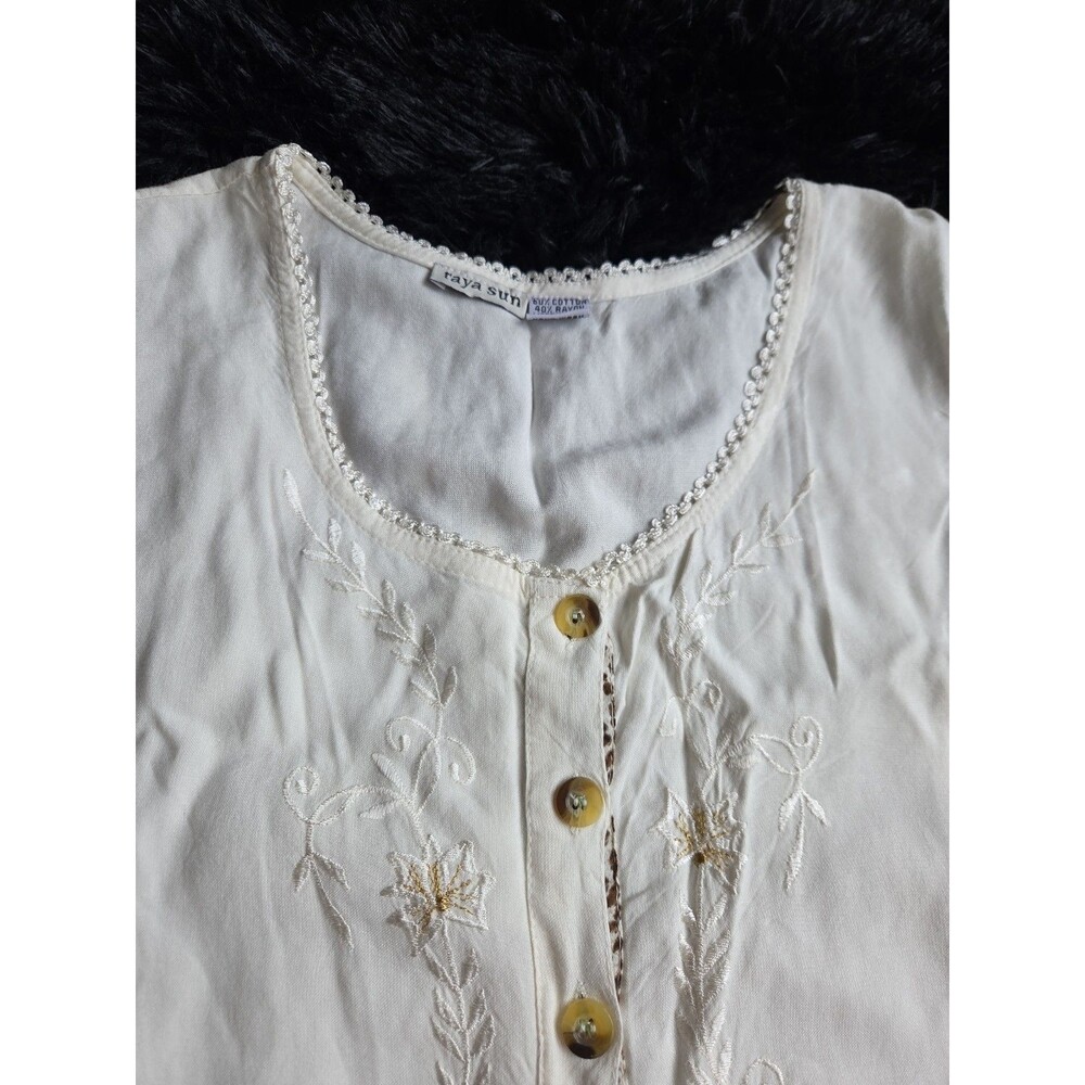Raya Sun Swing Tank Dress L Cream Embroidery Lace Ruffles Lightweight Buttons - Picture 3 of 11